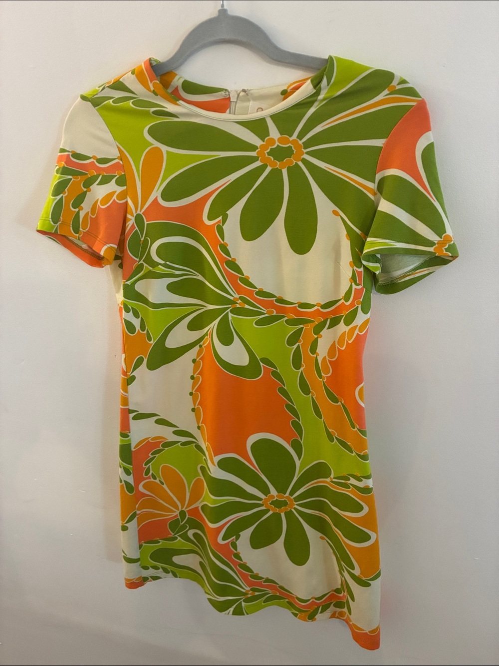 Retro Julie Brown NY Cream Dress with Lime Green & Orange Floral Print XS 60’s